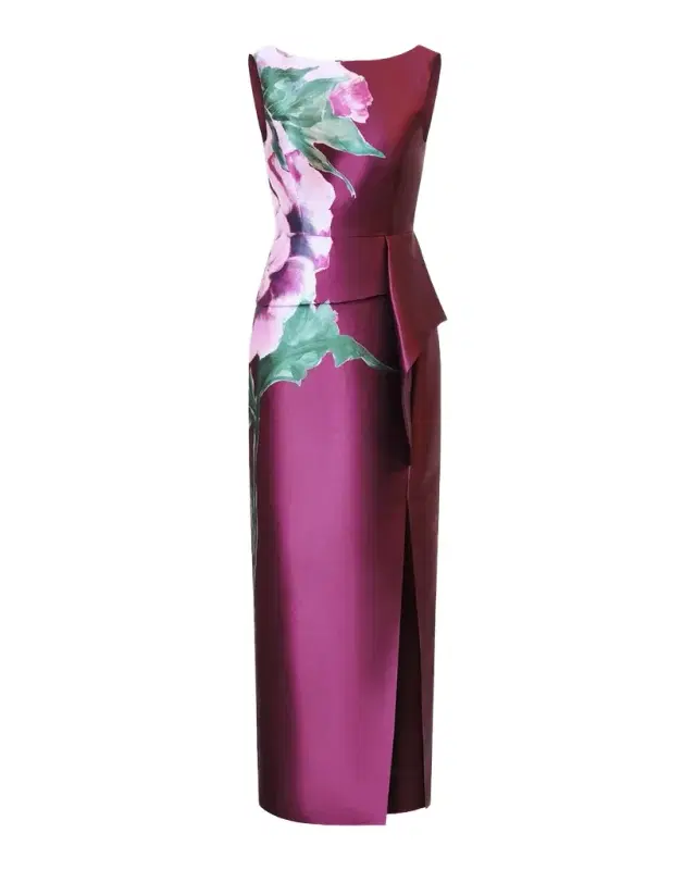 Kay Unger New York Luciana Satin Floral Column Gown