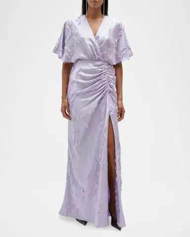 Amsale Textured Floral Jacquard Flutter-Sleeve Maxi Dress | Thumbnail 2