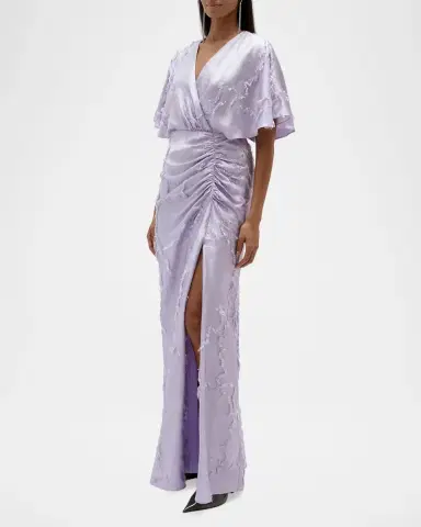 Amsale Textured Floral Jacquard Flutter-Sleeve Maxi Dress | Thumbnail 4