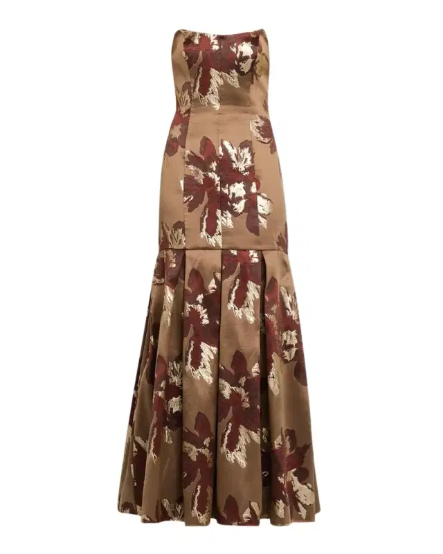 Aidan Mattox Pleated Metallic Floral Jacquard Mermaid Gown