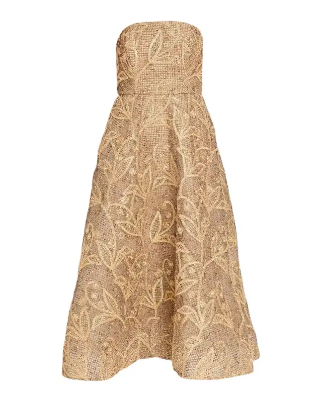 Milly Petunia Strapless Embroidered Metallic Midi Dress