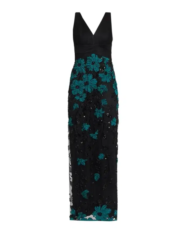 Aidan Mattox Beaded Floral-Embroidered Column Gown