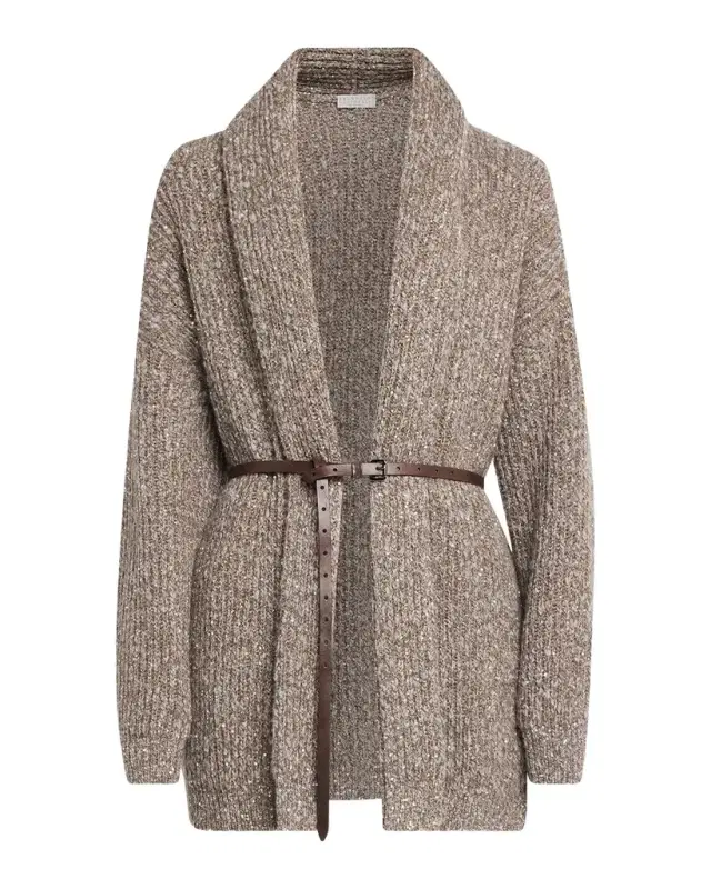 Brunello Cucinelli Micro Paillette Wool Knit Shawl-Collar Cardigan