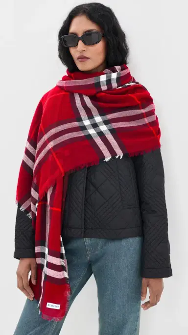 Burberry Wide Check Wool Scarf Oxblood Red One Size | Thumbnail 3