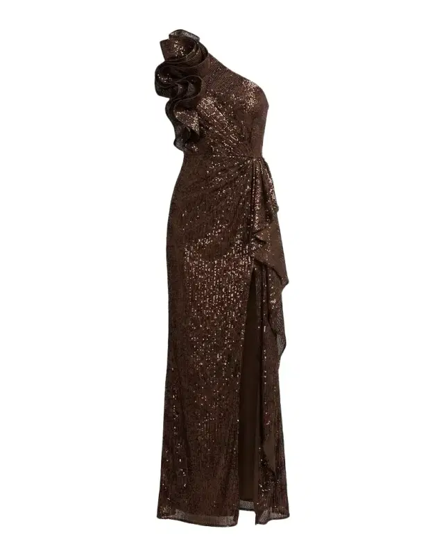 Mac Duggal One-Shoulder Sequined Column Gown