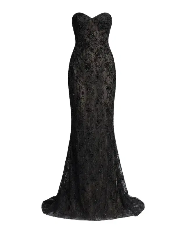 Mac Duggal Embellished Floral Lace Strapless Gown