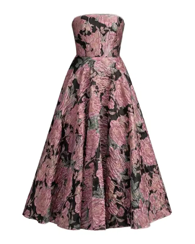 Mac Duggal Strapless Floral Brocade Midi-Dress
