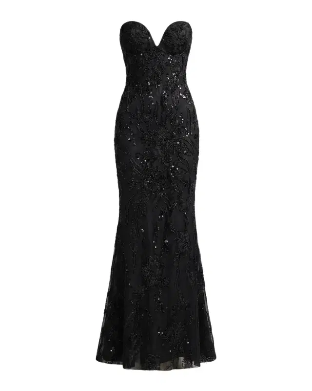 Mac Duggal Floral Embellished Mesh Strapless Column Gown
