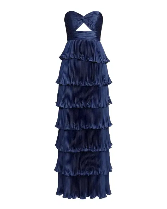 Mac Duggal Ieena Pleated Charmeuse Strapless Tiered Ruffle Gown