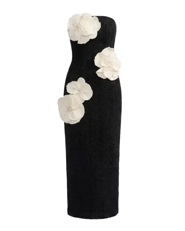 Mac Duggal Floral Appliqué Bouclé Strapless Midi Dress
