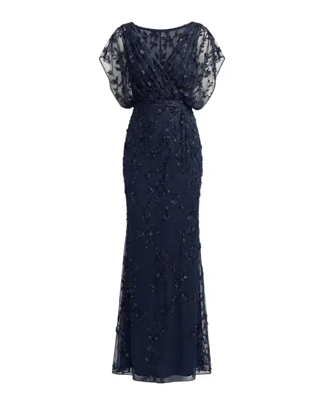 Mac Duggal Beaded Draped Mesh Column Gown