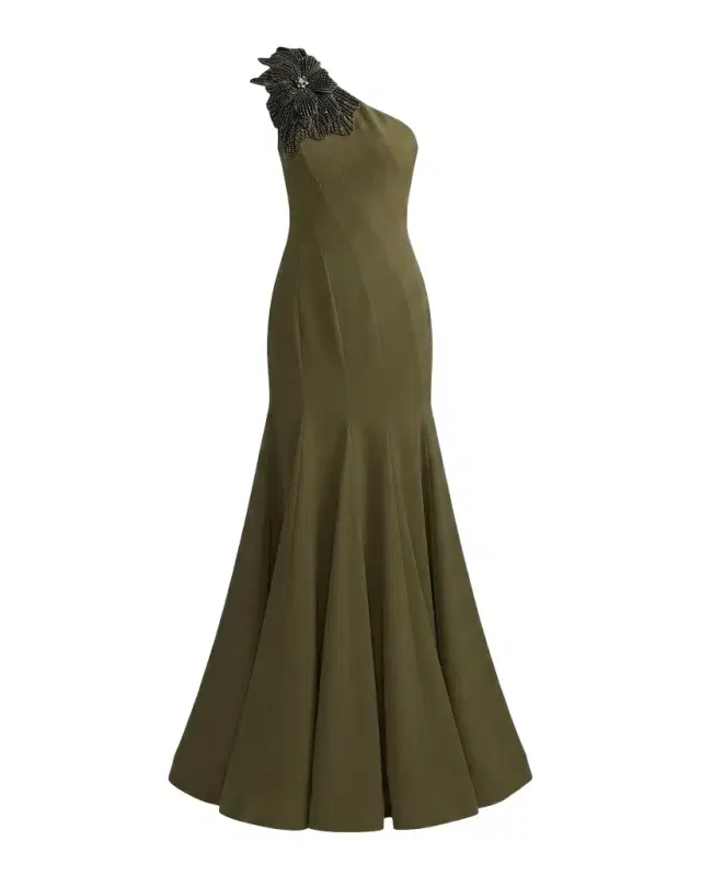 Mac Duggal Seamed Crepe One-Shoulder Gown