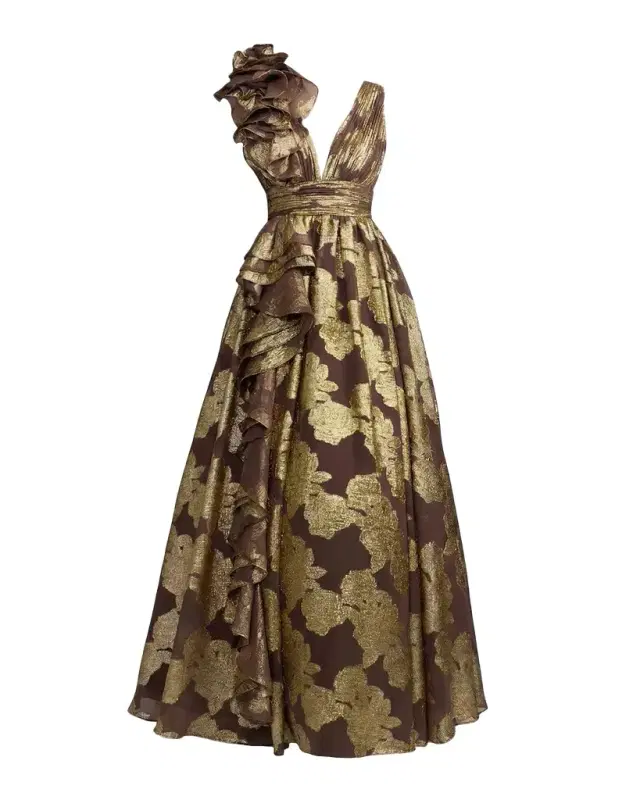 Mac Duggal Metallic Floral Brocade Ball Gown