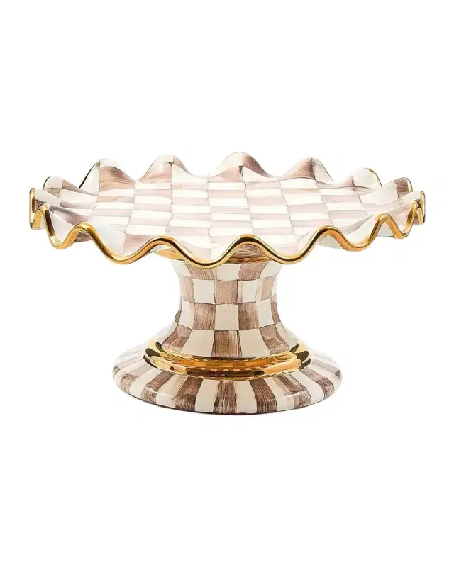 MacKenzie-Childs Mocha Check Ceramic Fluted Cake Stand