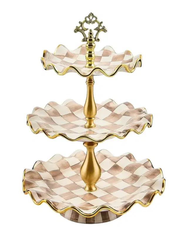 MacKenzie-Childs Mocha Check Ceramic 3-Tier Sweet Stand