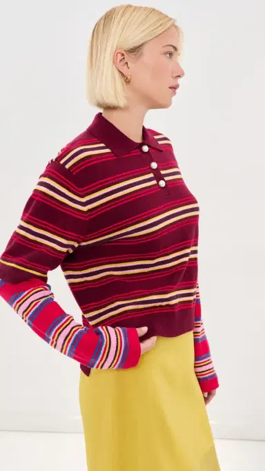 LE BOP Wesley Polo Pullover Burgundy Stripe Multi | Thumbnail 4 LE BOP Wesley Polo Pullover Burgundy Stripe Multi | Thumbnail 4