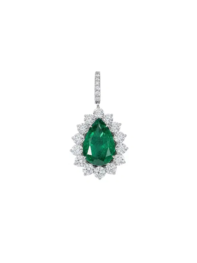 Wish Fine Jewelry 11.14ct Emerald Diamond 18K Gold Pear Halo Pendant