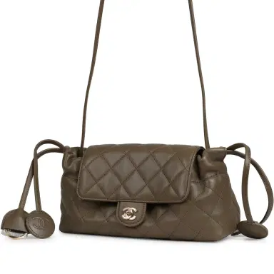 Chanel Chanel Drawstring Clutch Bag with Leather Strap Dark Khaki Lambskin Gold Hardware | Thumbnail 5