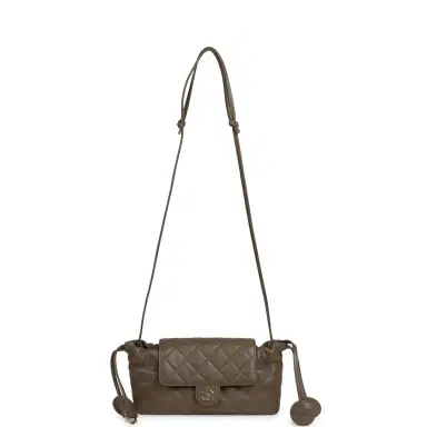 Chanel Chanel Drawstring Clutch Bag with Leather Strap Dark Khaki Lambskin Gold Hardware | Thumbnail 8