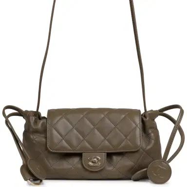 Chanel Chanel Drawstring Clutch Bag with Leather Strap Dark Khaki Lambskin Gold Hardware | Thumbnail 1
