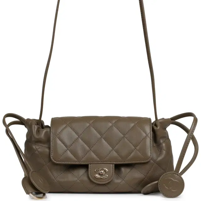 Chanel Chanel Drawstring Clutch Bag with Leather Strap Dark Khaki Lambskin Gold Hardware