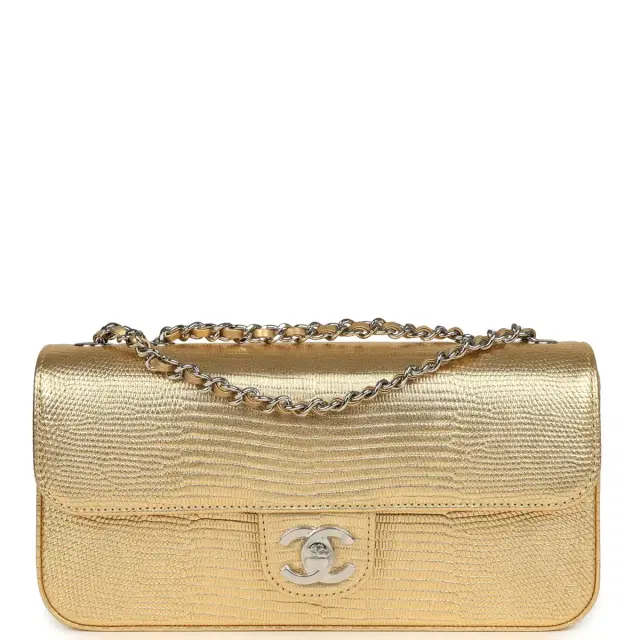 Chanel Chanel East West Flap Bag Gold Metallic Lizard Embossed Calfskin Silver Hardware
