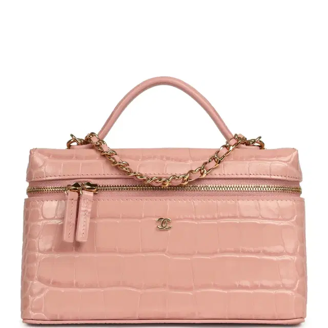 Chanel Chanel Top Handle Long Vanity Case with Chain Pink Croc Embossed Calfskin Gold Hardware
