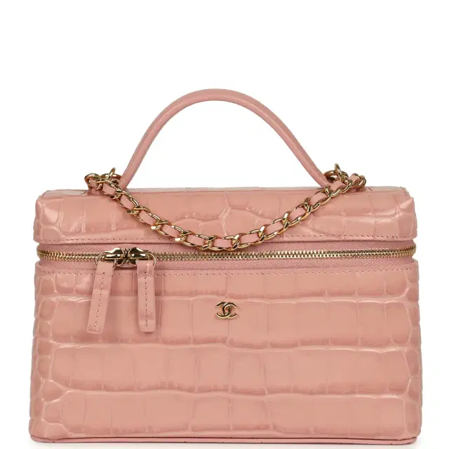 Chanel Chanel Top Handle Long Vanity Case with Chain Pink Croc Embossed Calfskin Gold Hardware