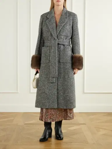 Valentino Garavani Belted Shearling-trimmed Herringbone Wool-blend Coat | Thumbnail 2 Valentino Garavani Belted Shearling-trimmed Herringbone Wool-blend Coat | Thumbnail 2