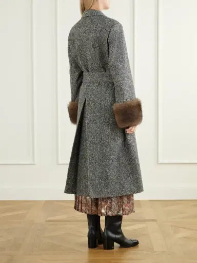 Valentino Garavani Belted Shearling-trimmed Herringbone Wool-blend Coat | Thumbnail 3 Valentino Garavani Belted Shearling-trimmed Herringbone Wool-blend Coat | Thumbnail 3