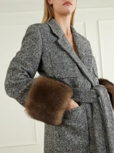 Valentino Garavani Belted Shearling-trimmed Herringbone Wool-blend Coat | Thumbnail 4 Valentino Garavani Belted Shearling-trimmed Herringbone Wool-blend Coat | Thumbnail 4