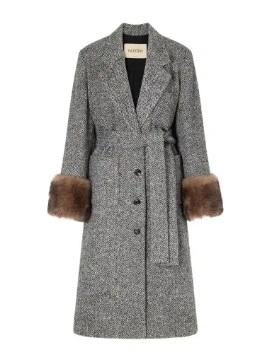 Valentino Garavani Belted Shearling-trimmed Herringbone Wool-blend Coat | Thumbnail 1 Valentino Garavani Belted Shearling-trimmed Herringbone Wool-blend Coat | Thumbnail 1