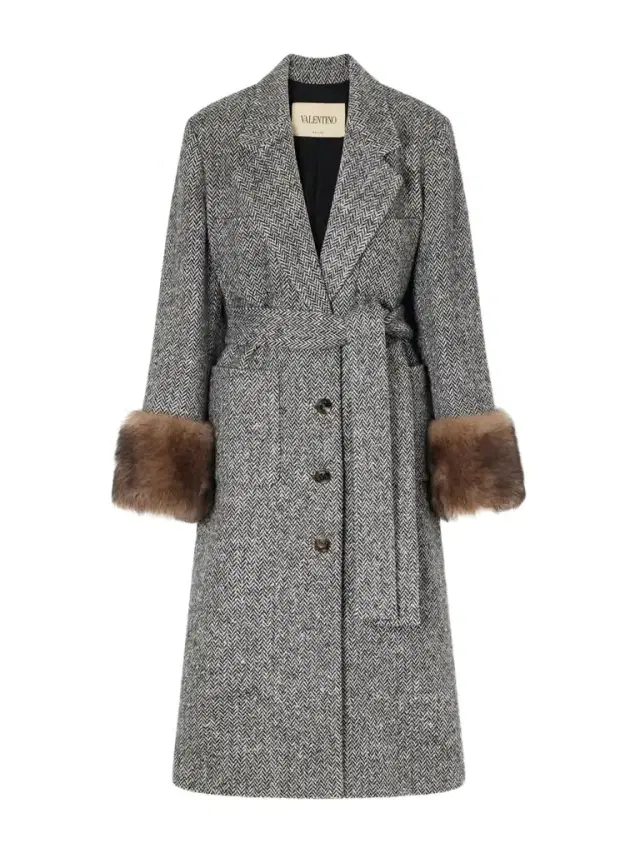 Valentino Garavani Belted Shearling-trimmed Herringbone Wool-blend Coat