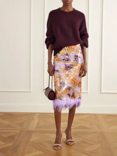 Staud Lark Sequin-embellished Feather-trimmed Mesh Midi Skirt | Thumbnail 2