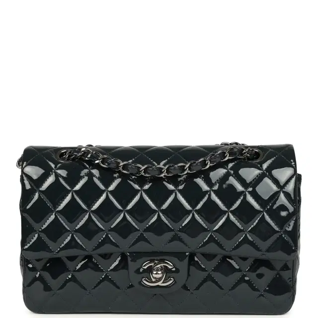 Chanel Pre-owned Chanel Medium Classic Double Flap Bag Navy Blue Patent Ruthenium Hardware