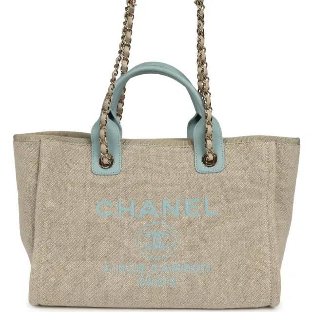 Chanel Pre-owned Chanel Small Deauville Shopping Tote Beige Canvas, Light Blue Calfskin Light Gold Hardware