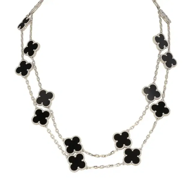 Van Cleef & Arpels Pre-owned Van Cleef & Arpels Vintage Alhambra 20 Motif Long Necklace Onyx 18K White Gold