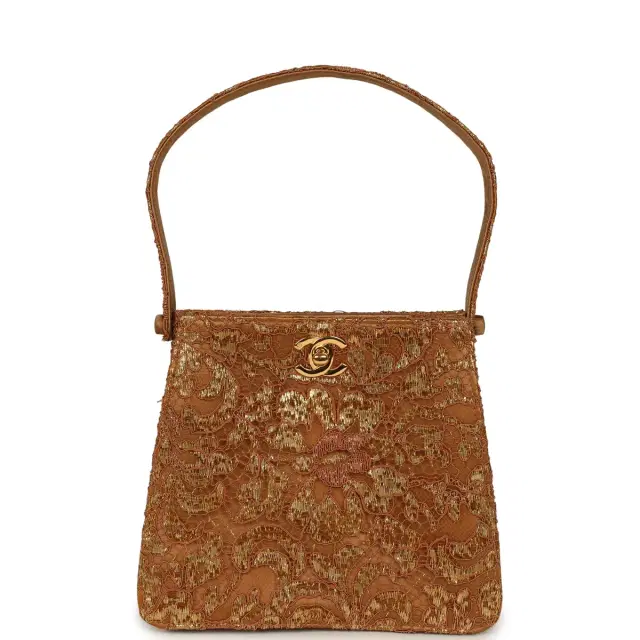 Chanel Vintage Chanel Mini Double Side Turnlock Bag Dark Gold Jacquard Lace, Satin Gold Hardware