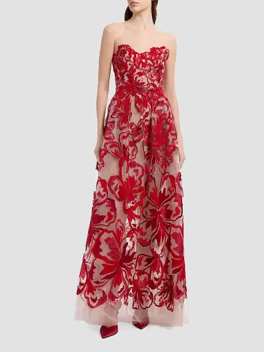 Elie Saab Women's Velvet & Sequins Embroidered Tulle Gown - Sunset Flame - Size 6 | Thumbnail 2
