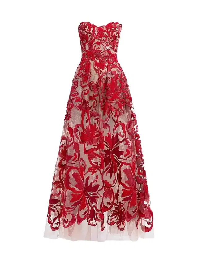 Elie Saab Women's Velvet & Sequins Embroidered Tulle Gown - Sunset Flame