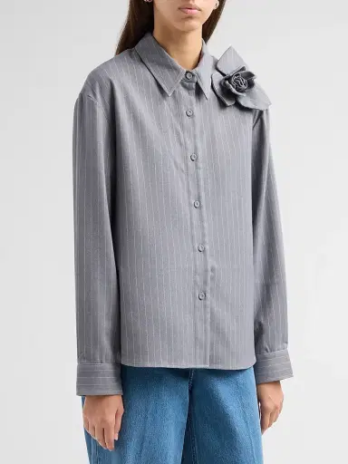 Aknvas Women's Flor 3D Rose Pinstripe Top - Grey White | Thumbnail 4 Aknvas Women's Flor 3D Rose Pinstripe Top - Grey White | Thumbnail 4
