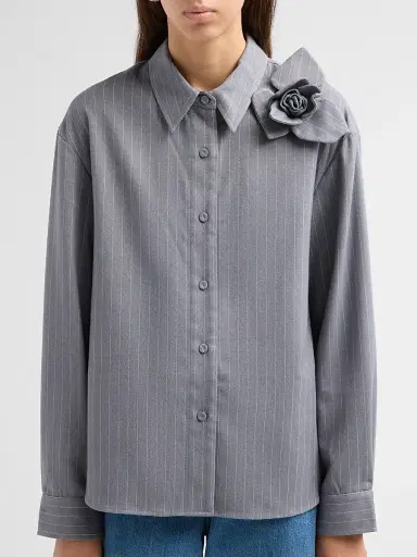 Aknvas Women's Flor 3D Rose Pinstripe Top - Grey White | Thumbnail 5 Aknvas Women's Flor 3D Rose Pinstripe Top - Grey White | Thumbnail 5