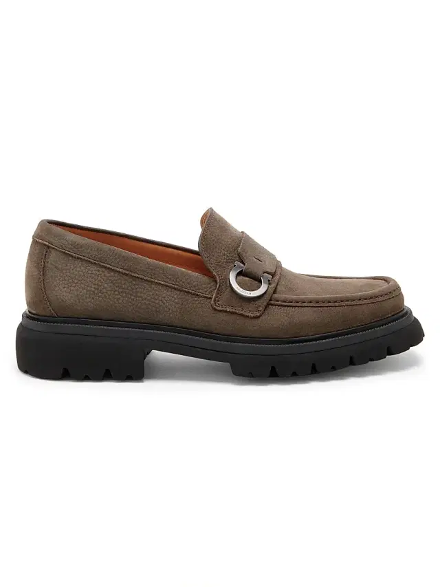Ferragamo Men's Andover Suede Lug Sole Loafers - Elefante