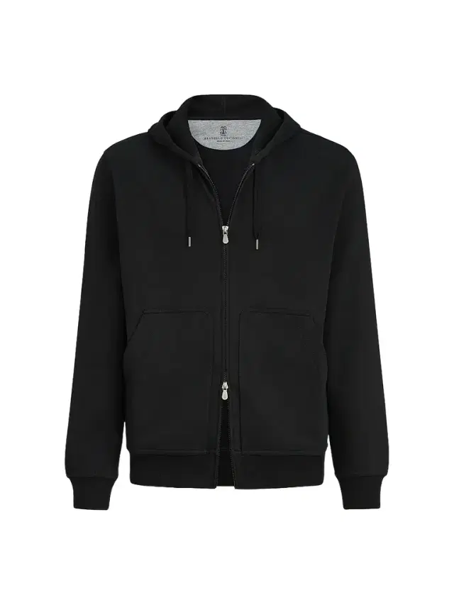 Brunello Cucinelli Men's Techno Cotton French Terry Hooded Sweatshirt with Zipper - Black - Size XXXXL