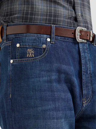 Brunello Cucinelli Men's Lightweight Old Denim Iconic Fit Five-Pocket Jeans - Dark Denim | Thumbnail 6