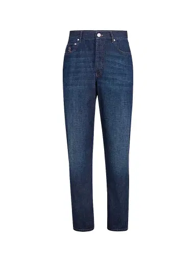 Brunello Cucinelli Men's Lightweight Old Denim Iconic Fit Five-Pocket Jeans - Dark Denim | Thumbnail 1