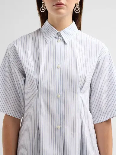 Jil Sander Women's Pinstripe Cotton Poplin Short-Sleeve Shirt - Artic Sea | Thumbnail 5 Jil Sander Women's Pinstripe Cotton Poplin Short-Sleeve Shirt - Artic Sea | Thumbnail 5