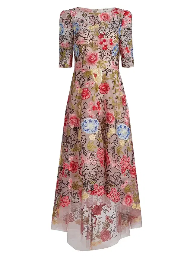 Teri Jon by Rickie Freeman Women's Floral Embroidery Mesh High-Low Midi-Dress - Pink Multi