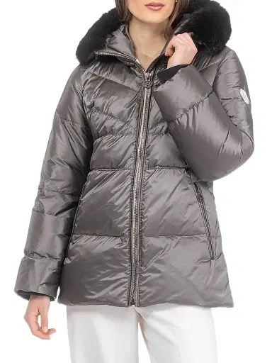Gorski Women's Apres-Ski Parka with Detachable Toscana Lamb Hood Trim - Greige Black - Size Small | Thumbnail 2