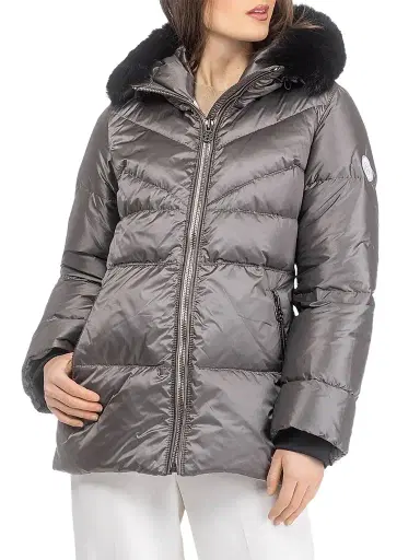 Gorski Women's Apres-Ski Parka with Detachable Toscana Lamb Hood Trim - Greige Black - Size Small | Thumbnail 3